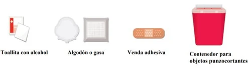 Salviette con alcol, batuffoli di cotone o garza, cerotto adesivo e un contenitore rosso per oggetti taglienti o pungenti su sfondo bianco