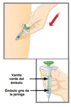Una mano preme un iniettore sulla pelle e un dettaglio mostra la mano che impugna il dispositivo con l'asta verde e l'ago