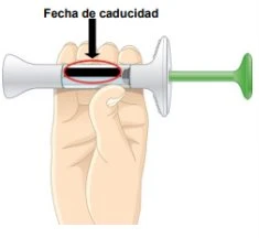 Una mano tiene una siringa orizzontale con una freccia nera che indica la data di scadenza stampata sul corpo trasparente del dispositivo