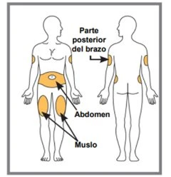 Diagramma del corpo umano che indica le zone di iniezione: parte posteriore del braccio, addome e coscia con aree evidenziate in arancione