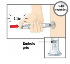 Una mano impugna un autoiniettore contro la coscia con la scritta Clic e un timer di 5-10 secondi e un dettaglio dell