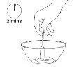 A hand holding a stirring rod mixing the contents in a bowl, with the text '2 mins' next to a circle containing an arrow