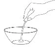Black line drawing of a hand holding tweezers to dip an object into a glass bowl
