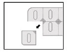 Technical diagram showing the detachment of a square with an oval hole from a larger adhesive strip via a black arrow