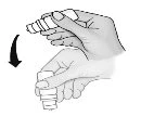 Two hands holding a cylindrical bottle, with a black curved arrow indicating a downward rotational movement