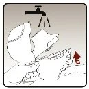 Schematic drawing showing hands washing a container under an open tap with water flowing out