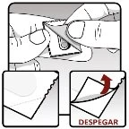 Two hands opening a medication package and an inset shows how to peel off the film with a red arrow and the label DESPEGAR