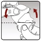 Two hands separating the two components of a medical device with curved red arrows indicating the opening movement