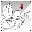 Two hands holding a white medical device while a finger presses downward on the top following a red arrow