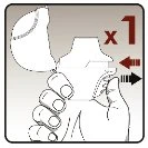 A hand holding a white medical device with an open cap and a black arrow indicating a lateral movement next to the number 1