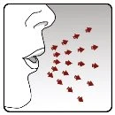Side profile of a human face with open mouth from which small red symbols emerge representing particles or aerosol