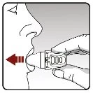 Side profile of a face with a medical device in the mouth while a hand holds it and a red arrow indicates movement towards it