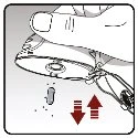A hand pressing the medical device downward with red arrows indicating the pressing movement toward the surface