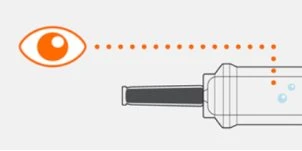 A stylized orange eye looks through an orange dashed line toward a gray medical device with bubbles