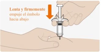 Hands holding a syringe on an arm with an orange arrow indicating to push the plunger down slowly and firmly