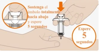 Hands pressing the piston of an injector downward on a leg with an orange arrow and a circle highlighting the