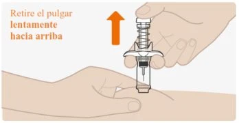 A hand vertically lifting a medical device with an orange arrow pointing upward