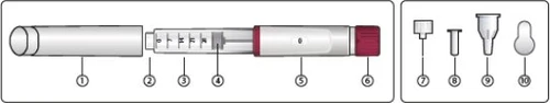 Numbered diagram of an injection pen with components 1-6 and four separate accessories numbered 7 to 10 on a white background