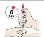 A hand pressing the top button of an auto-injector placed on the skin while a clock displays a 6-second timing