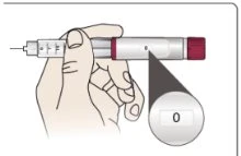 A hand holding an injection pen with the dose set to zero, highlighted by a circular magnifier showing the number 0