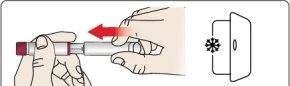 Two hands holding an injection pen with a red arrow indicating movement to the left next to a snowflake symbol