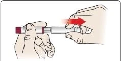 Two hands holding an injection pen while a red arrow indicates sliding the cap to the right