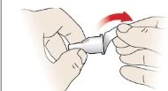 Two hands grasping and rotating a small white container in opposite directions, with a curved red arrow indicating rotational movement