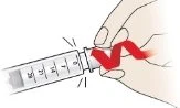 Two hands holding and rotating a graduated syringe with a zig-zag motion indicated by a wavy red line