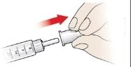 One hand grasping a white cap and pushing it toward the top of a graduated syringe following the direction of a red arrow