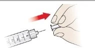 A hand holding a protective cap to apply it onto the tip of a medical syringe needle, with a directional red arrow