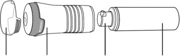 Exploded technical drawing of a medical device with cap, central grooved body, and cylindrical terminal part with reference lines
