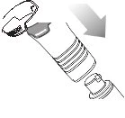 Technical drawing of a medical device with a gray arrow indicating downward pressure movement on a cylindrical component