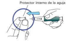 Technical drawing showing two hands holding a medical device with a blue arrow indicating the inner shield
