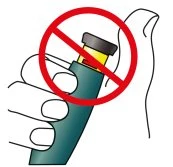 Drawing of a hand holding an inhaler with a red prohibition symbol overlaid, indicating restricted use