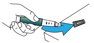 One hand holding an injection pen to remove the protective cap, indicated by a blue arrow pointing to the right