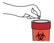 Line drawing of a hand grasping the lid of a red container with a biohazard symbol for proper disposal of waste