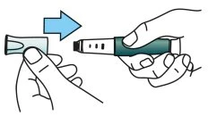 Two hands separating a protective cap from a pen-type medical device, indicated by a blue arrow pointing to the right