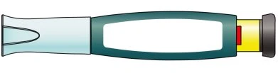 Horizontal medical device with a dark central body and white window, blue left end, yellow right end with red detail, and black cap