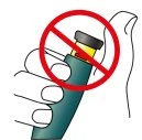 Stylized drawing of a hand holding an inhaler with a red circle and diagonal bar indicating prohibition
