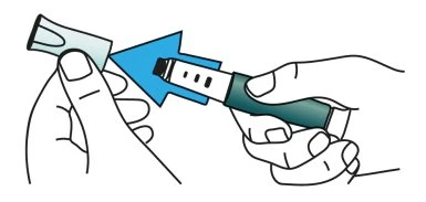 Two hands inserting a transparent cap onto a green and white cylindrical medical device, indicated by a blue arrow