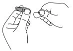 Two stylized hands gently separating a small cylindrical object or protective cap through light pulling
