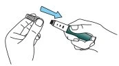 Two hands handling a medical device with a blue arrow indicating the insertion movement of a component into the main body