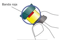 Illustration of a hand holding a medical device with a red band highlighted by a blue circle on a white background