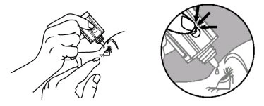 Technical drawing showing a hand applying eye drops into an eye and a magnified view of the bottle with arrows indicating the nozzle