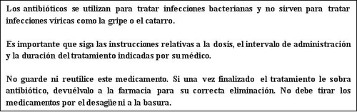 Testo in spagnolo sull'uso degli antibiotici, dosaggio medico e corretta eliminazione del farmaco non da gettare nei rifiuti o negli scarichi