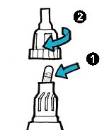 Diagram with blue arrows indicating step 1 to insert the cap and step 2 to rotate the upper part of the device