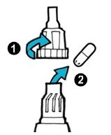 Diagram with blue arrows indicating the rotational movement to screw a capsule into a container divided into two parts labeled 1 and 2