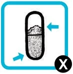Stylized drawing of a capsule with blue arrows indicating not to open it, and a white cross inside a black circle in the bottom right