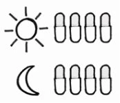 Stylized drawing of a sun next to four capsules at the top and a moon next to four capsules at the bottom on a white background