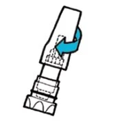 Technical drawing of a medical device with a light blue curved arrow indicating a counterclockwise rotation movement of the upper part